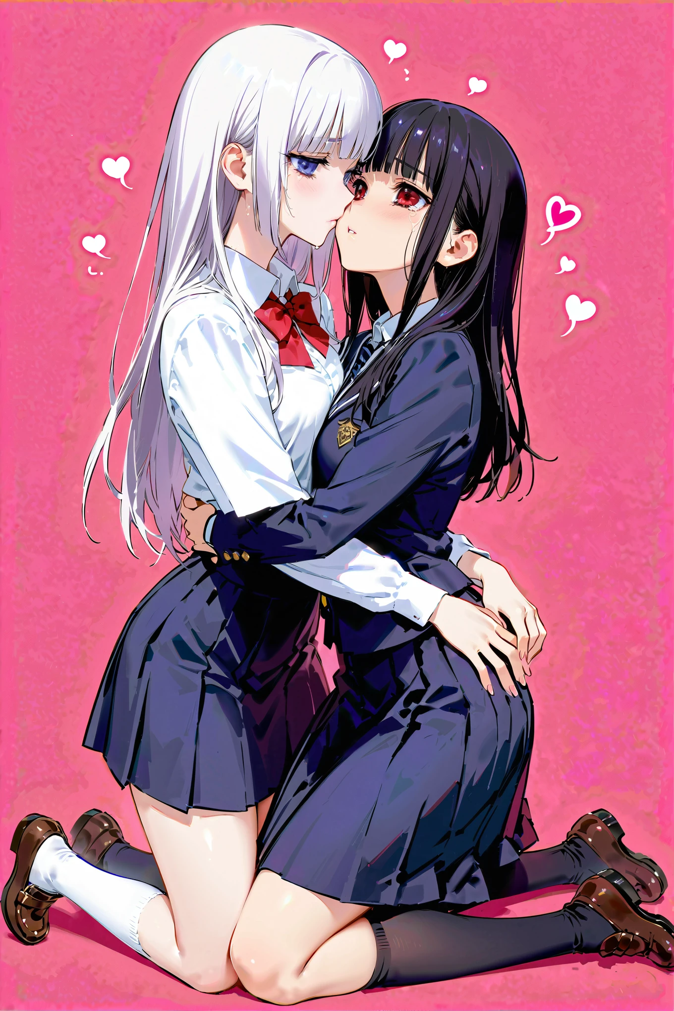 Two mature women hugging and kissing while crying in fear, Student Uniform, kneeling, simple background、heart