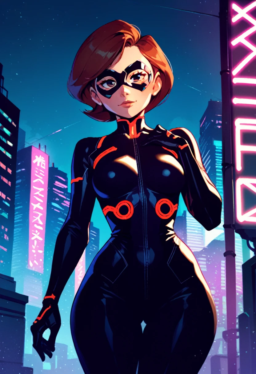 1girl, solo, helen parr, brown eyes, domino mask, looking at viewer, futuristic bodysuit, wide hips,
score_9, score_8_up, score_7_up, score_6_up, source_anime, outside, cyberpunk city, night, neon light 