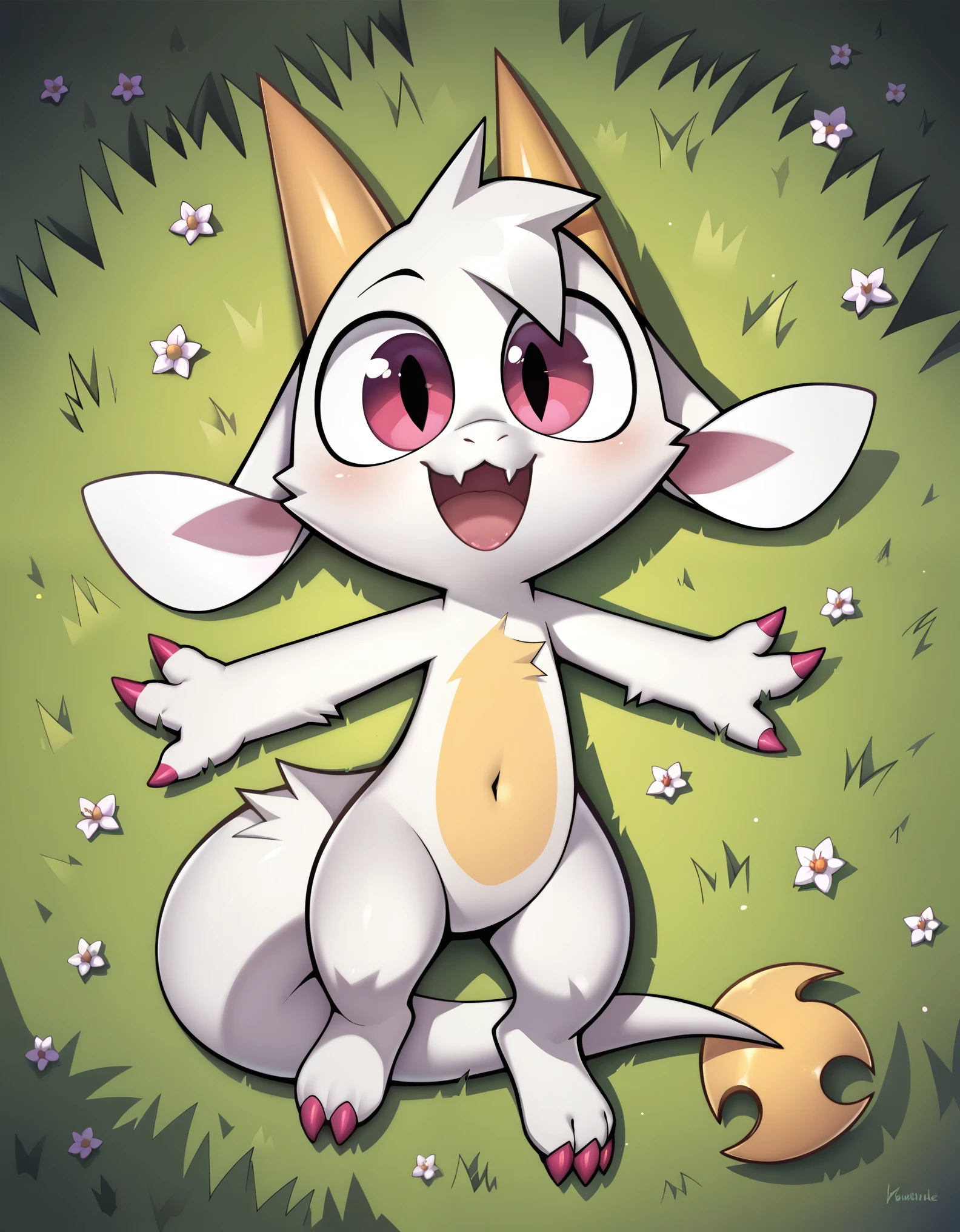 score_9, score_8_up, score_7_up, high detail, detailed background, grassy field, BREAK,
(Fwench fwy, furry dragon, solo, short stature, white fur, peach colored horns, peach colored claws, 3fingers, flat-chested),  open mouth, smile,