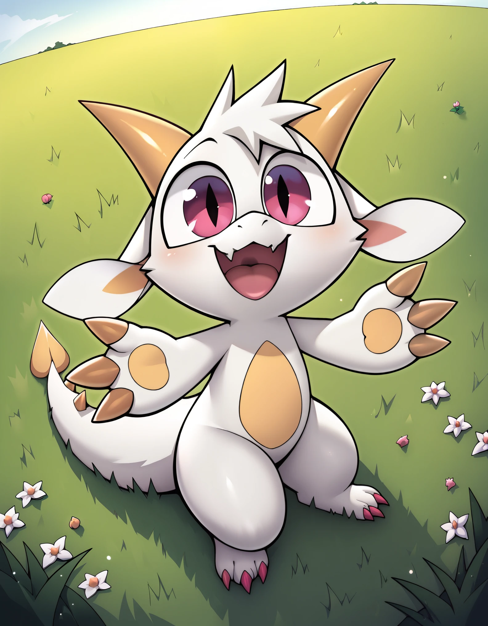 score_9, score_8_up, score_7_up, high detail, detailed background, grassy field, BREAK,
(Fwench fwy, furry dragon, solo, short stature, white fur, peach colored horns, peach colored claws, 3fingers, flat-chested),  open mouth, smile,