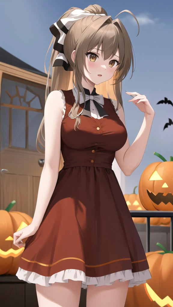 masterpiece, best quality, highres, aaisuzu, 1girl, ponytail, hair bow, brown eyes, halloween Dress, standing, cowboy shot,