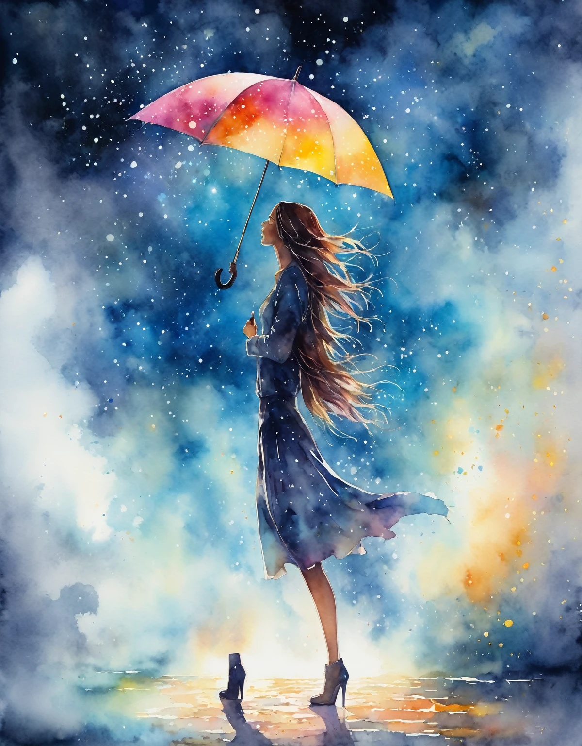 A silhouette of woman with long messy hair holding an umbrella, with colorful stardust raining down on her, 8K watercolor painting, dark sky and shadowed clouds, particles of light are dancing , watercolor painting, dynamic lighting, dynamic angle, masterpiece.