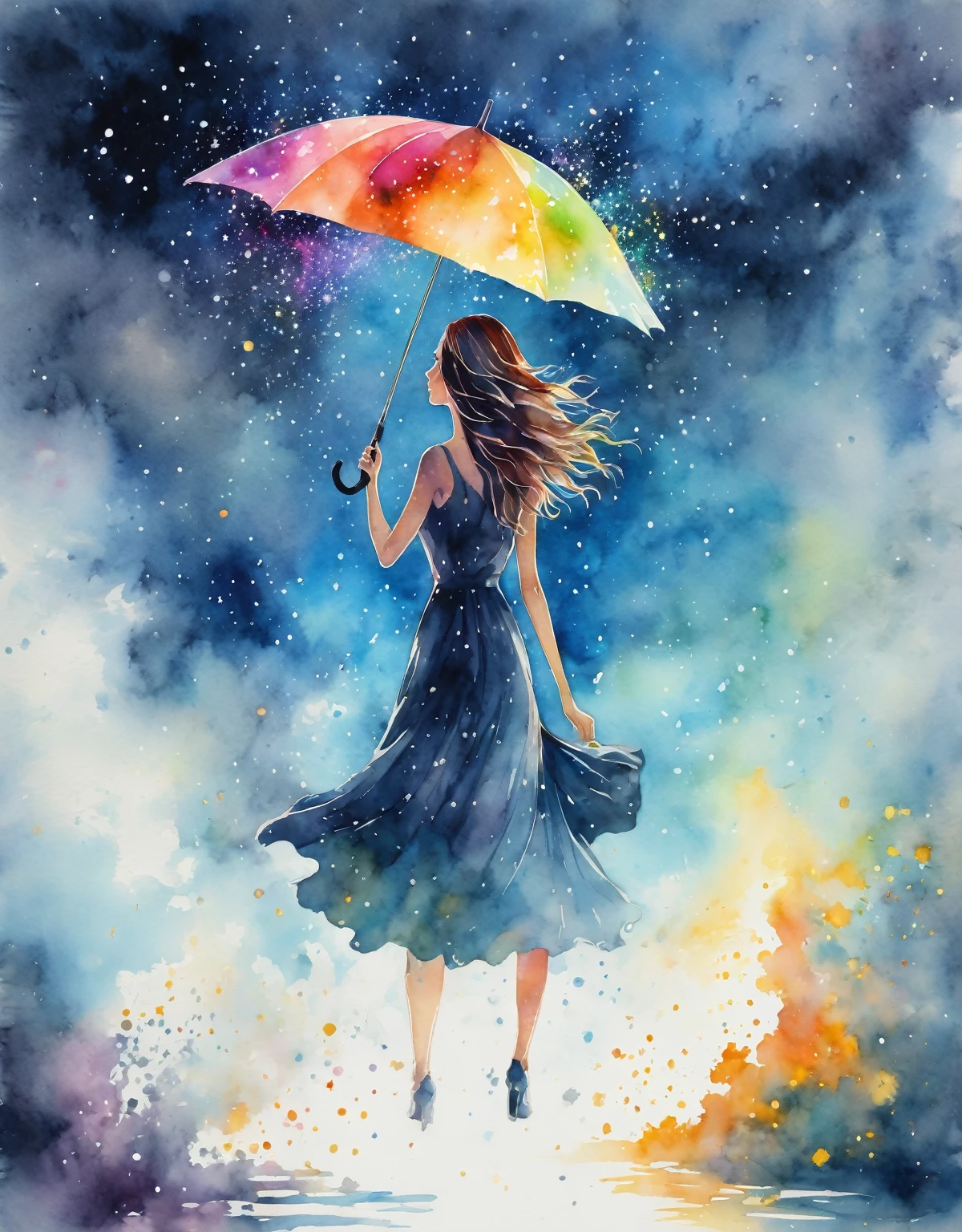 A silhouette of woman with long messy hair holding an umbrella, with colorful stardust raining down on her, 8K watercolor painting, dark sky and shadowed clouds, particles of light are dancing , watercolor painting, dynamic lighting, dynamic angle, masterpiece.