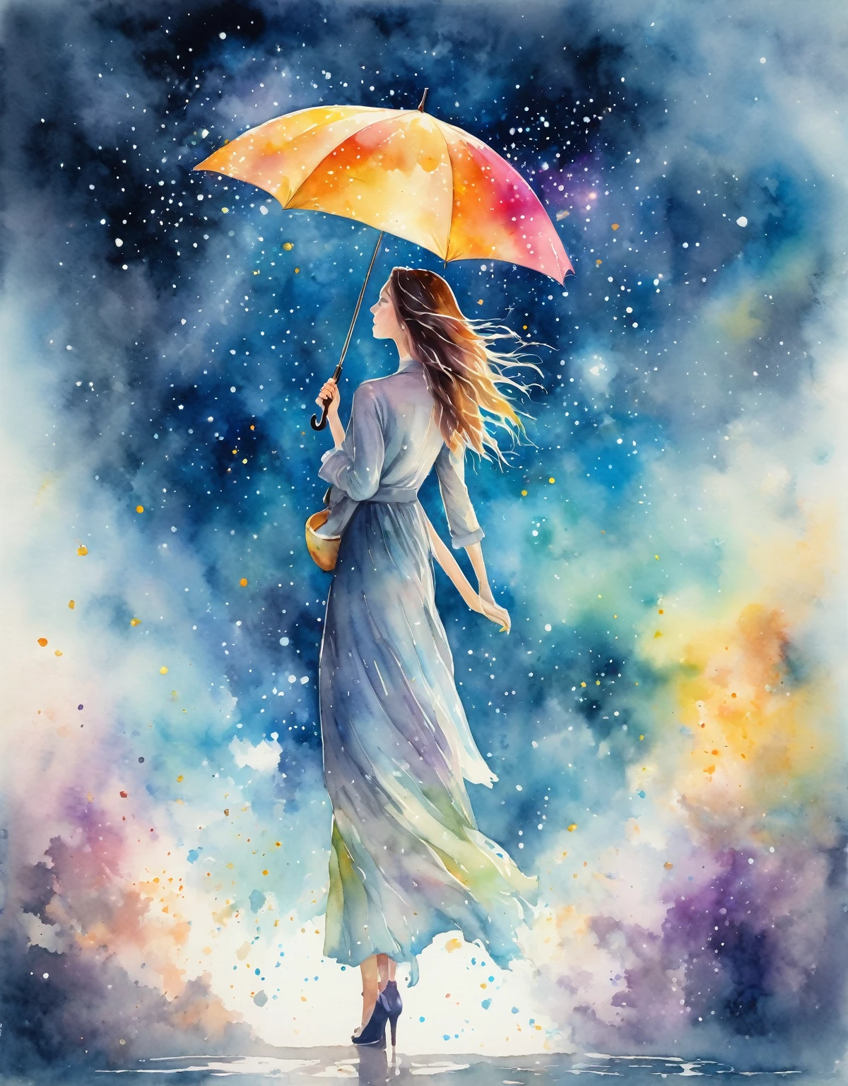 A silhouette of woman with long messy hair holding an umbrella, with colorful stardust raining down on her, 8K watercolor painting, dark sky and shadowed clouds, particles of light are dancing , watercolor painting, dynamic lighting, dynamic angle, masterpiece.