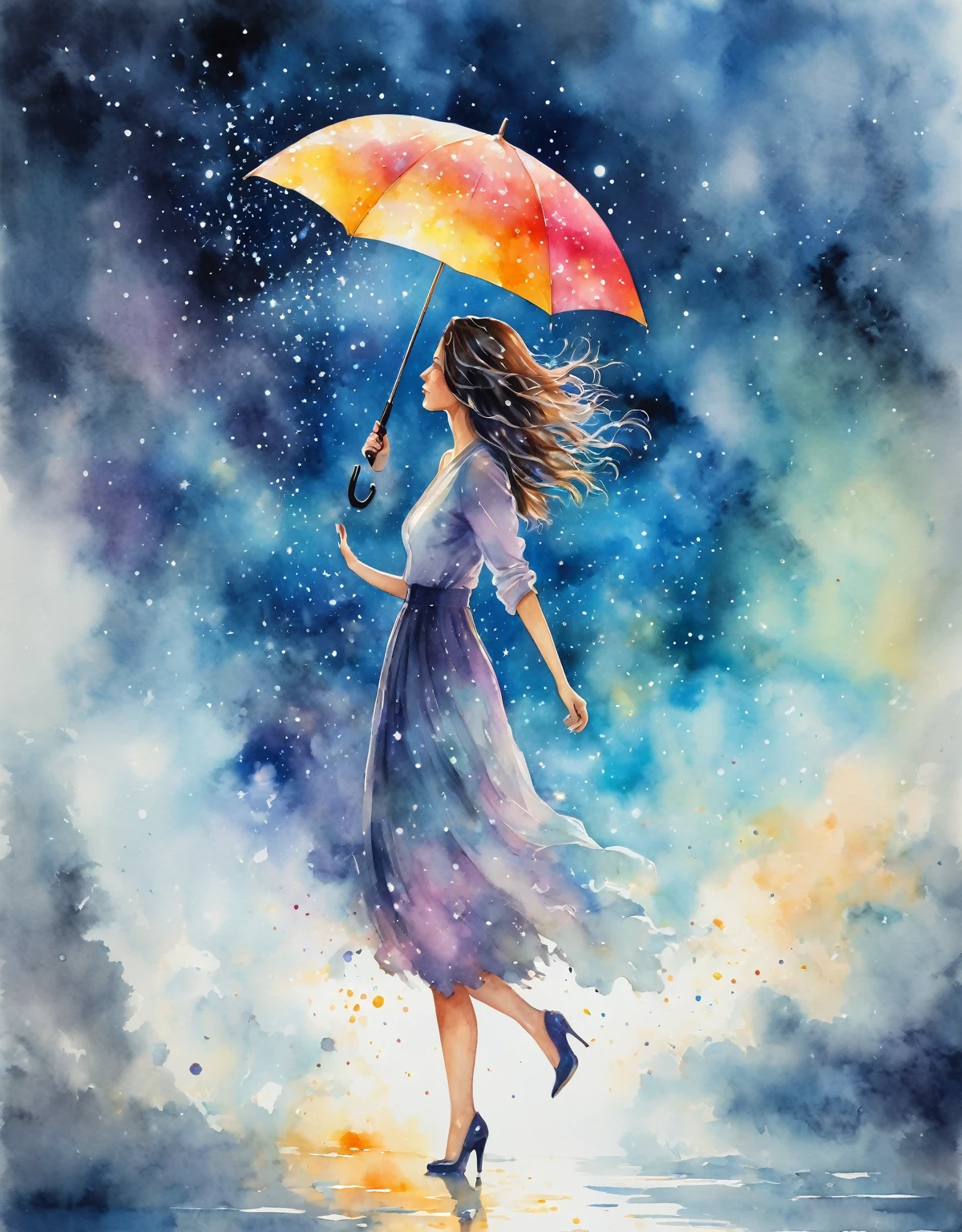 A silhouette of woman with long messy hair holding an umbrella, with colorful stardust raining down on her, 8K watercolor painting, dark sky and shadowed clouds, particles of light are dancing , watercolor painting, dynamic lighting, dynamic angle, masterpiece.