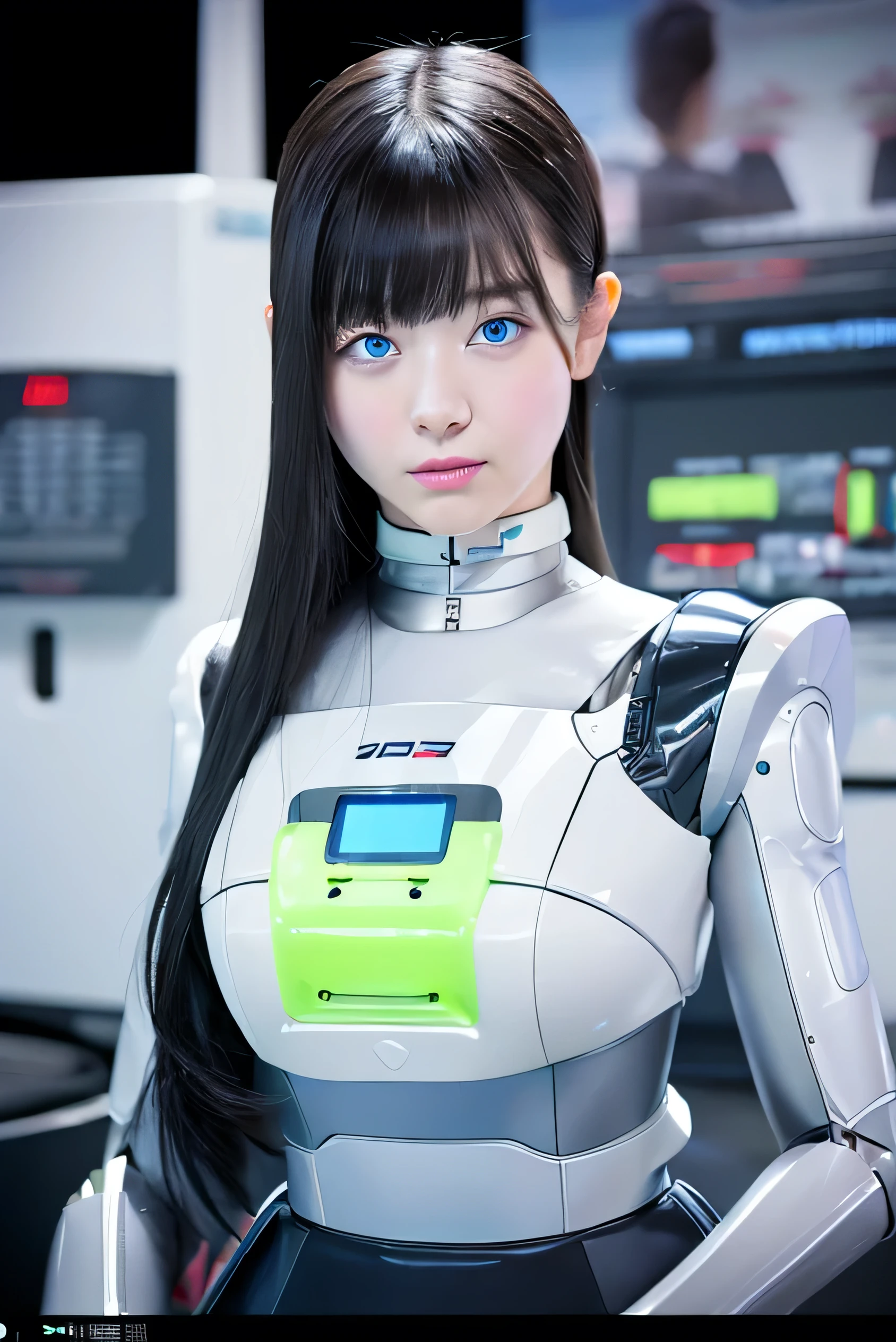 masterpiece, best quality, extremely detailed, Japaese android girl,Plump , control panels,android,Droid,Mechanical Hand, ,Robot arms and legs, Black hair,Mechanical body,Blunt bangs,White Robotics Parts,perfect robot woman,Charging spot,perfect mechanical body,white robotics body,android assembly plant,white body,She has repaired,black sponge joints,android,laboratory,perfect machine body,white robot body,blue eyes