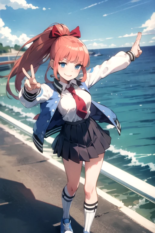 kyoko \(rcg\), letterman jacket, white shirt, red necktie, pleated skirt, kneehighs, blue sneakers, looking at viewer, serious, smiling,
standing, outside, city, bridge, ocean, blue sky, extreme detail, masterpiece,  in a dynamic pose, dando una patada en el aire.