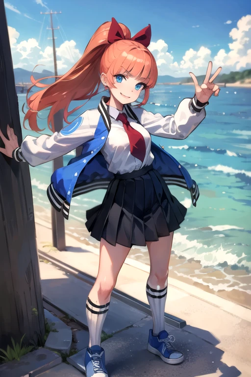 kyoko \(rcg\), letterman jacket, white shirt, red necktie, pleated skirt, kneehighs, blue sneakers, looking at viewer, serious, smiling,
standing, outside, city, bridge, ocean, blue sky, extreme detail, masterpiece,  in a dynamic pose, dando una patada en el aire.