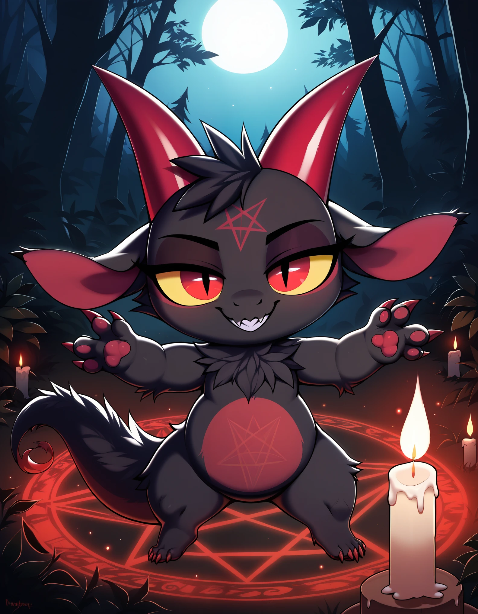 score_9, score_8_up, score_7_up, high detail, 4k, high resolution, good_hands, Detailed background, forest, night, dynamic angle, summoning circle, pentagram, candles, solo, (Evil Fwench fwy, furred dragon, black skin, black fur, red stomach, red claws, red horns, red eyes, yellow sclera, slit pupils, black ear interior, paws), shortstack, half-closed eyes, seductive smile, 