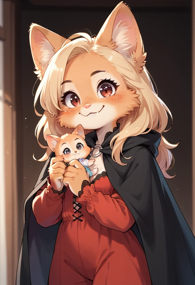 score_9, score_8_up, score_7_up, 1girl, alone, little fox, baby, furry, Diane Foxington, with hair, blonde hair, long hair, red Eyes, vampire costume, black cape, smirk, fangs, cute