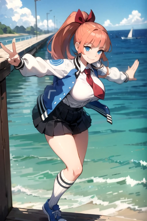 kyoko \(rcg\), letterman jacket, white shirt, red necktie, pleated skirt, kneehighs, blue sneakers, looking at viewer, serious, smiling,
standing, outside, city, bridge, ocean, blue sky, big breast, extreme detail, masterpiece,  in a dynamic pose, dando una patada en el aire.