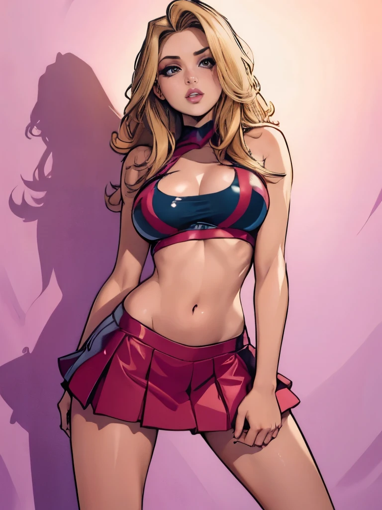 Cover of a fashion magazin. Sexy Eiza Gonzalez, ((small breasts)), stunning, beautiful face, ruined makeup,highest quality, 4k, half body shot, dressed as a cheerleader in short skirt and a tight top, cartoon, J Scott Campbell style