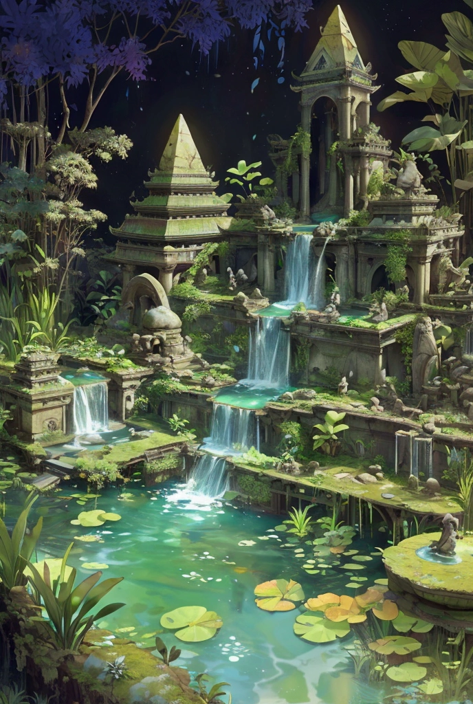  real、reality、 high resolution,  jungle、ancient ruins、Big waterfall、 aquatic plants floating in the pond、 decayed stone statue 、 pyramid 、Fish in the pond 