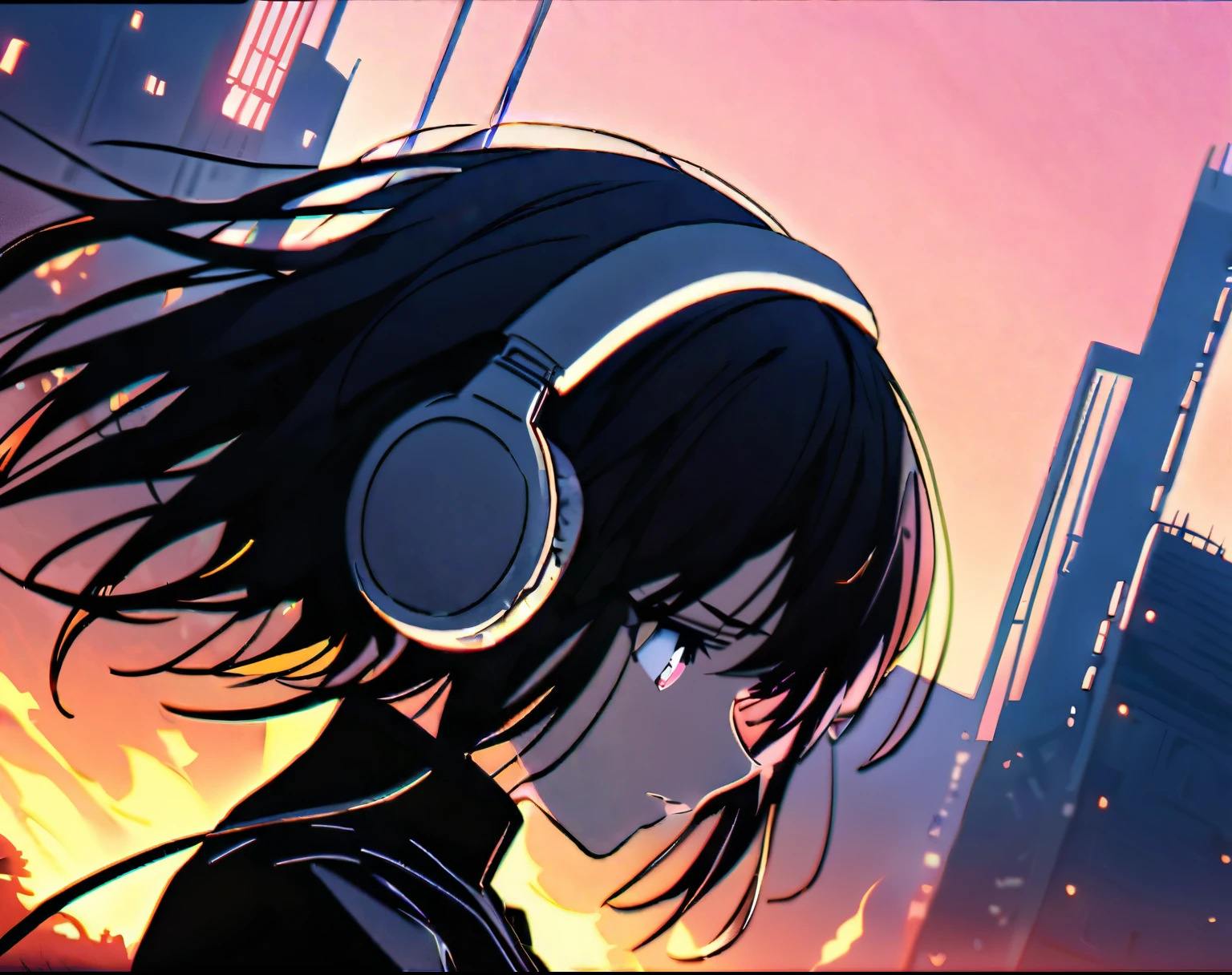 Alita Battle Angel sits thoughtfully in a field with headphones, a large 35mm photography style captures the depth, blending the natural field with a contrasting cyberpunk cityscape background. Far above, a space station in flames looms, adding a hint of tension. Alita's expression is reflective, the cool colors bathed in warm sunset light add subtle drama to the atmosphere. --v 5 --stylize 1000