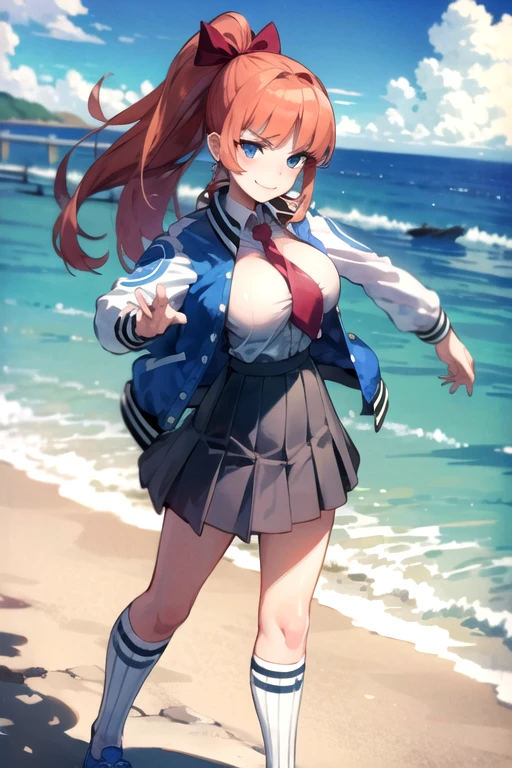 kyoko \(rcg\), letterman jacket, white shirt, red necktie, pleated skirt, kneehighs, blue sneakers, looking at viewer, serious, smiling,
standing, outside, city, bridge, ocean, blue sky, big breast, extreme detail, masterpiece,  in a dynamic pose, saltando dando una patada en el aire.