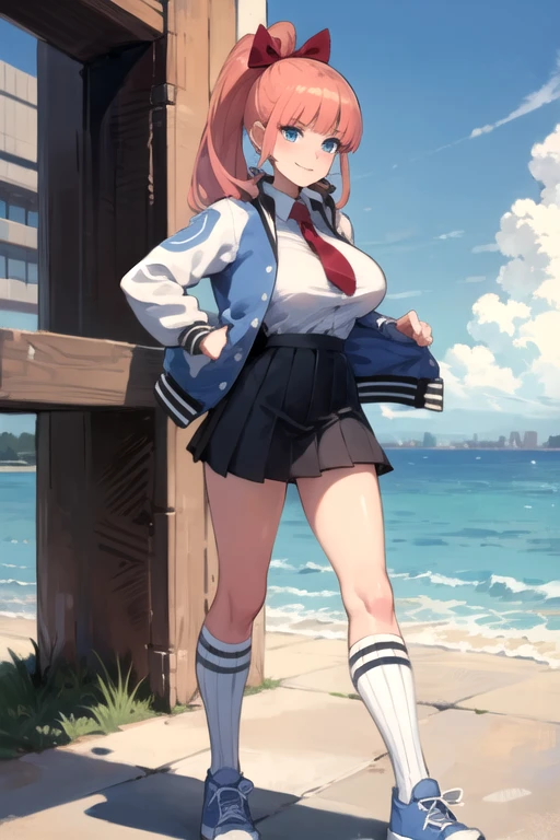 kyoko \(rcg\), letterman jacket, white shirt, red necktie, pleated skirt, kneehighs, blue sneakers, looking at viewer, serious, smiling,
standing, outside, city, bridge, ocean, blue sky, big breast, extreme detail, masterpiece,  in a dynamic pose, saltando dando una patada en el aire.