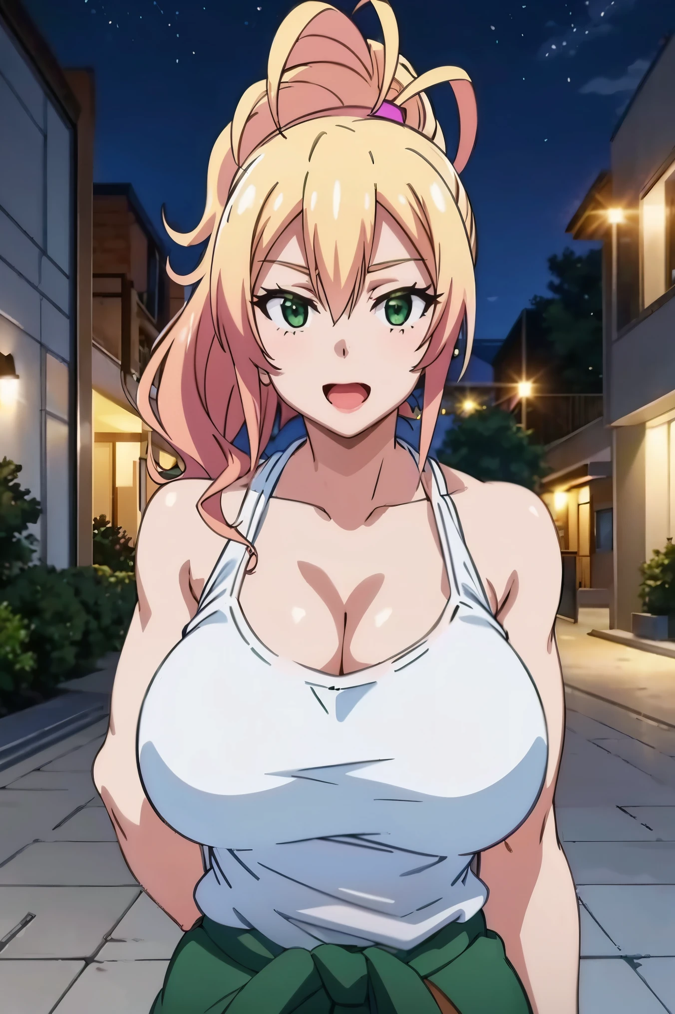 1girl, ((big  )), cleavage,  slim waist, outdoor, night city, ((busty)), blonde hair, green eyes, ponytail hair, smile, white tank top,  open mouth, view at camera, ((upperbody)), random pose