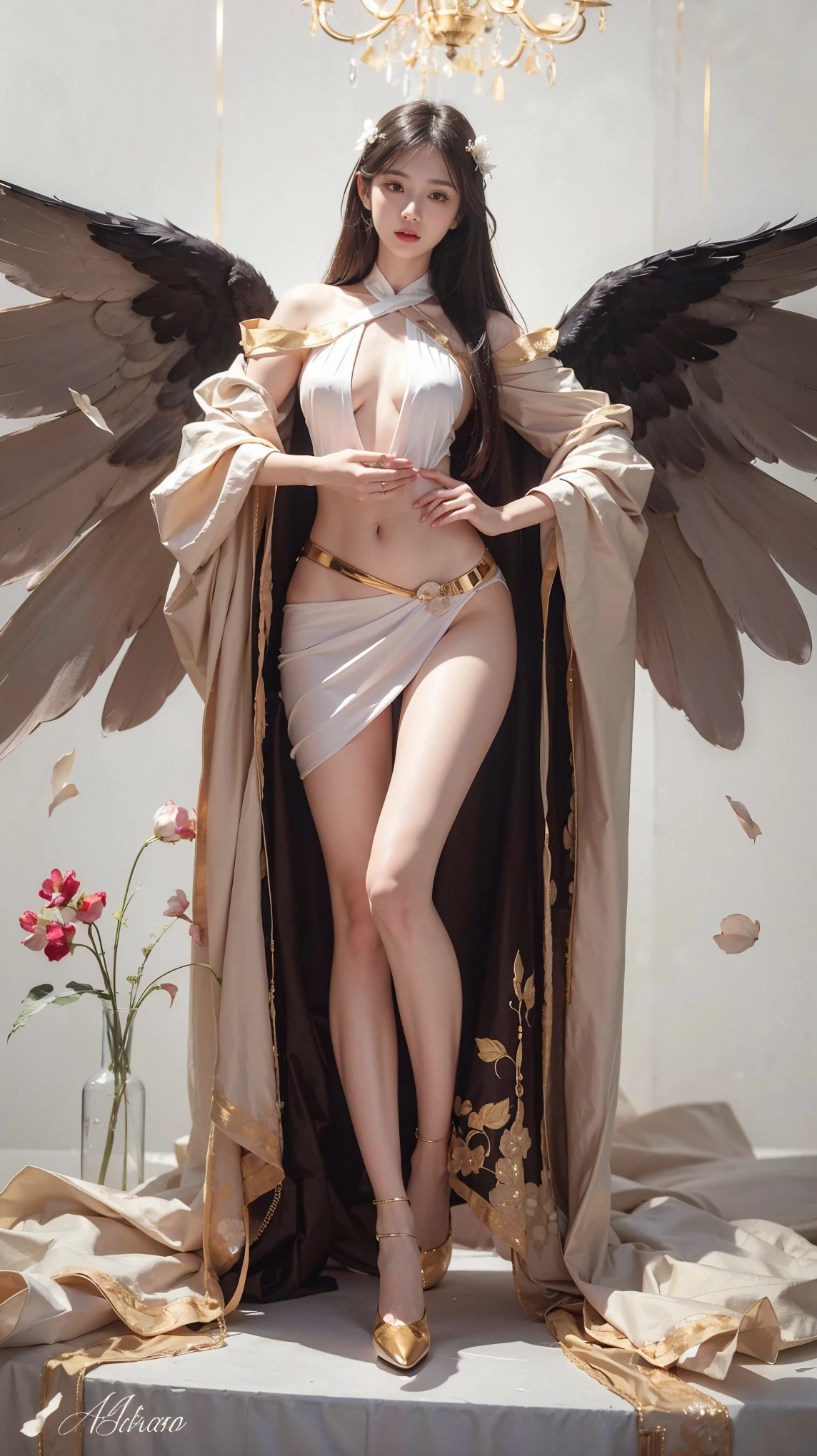 (Realistic picture, highest resolution, 16k), ((She has 12 wings on her back:1.5), (6 white wings:1.5) and (6 black wings:1.5)), ((She has 12 wings on her back.:1.5), (12 white wings:1.5) and (12 black wings:1.5)), (many wings, wings separated, 12 wings on her shoulders:1.4, เทพเจ้าที่มีปีกกว้างandมีพลังมหาศาลอยู่บนไหล่ของเขา, Add dynamic wings), (12 wings on the shoulders:1.6), (Beautiful girl with two meter long hair, striking long hair, Beauty that comes from long hair, long black hair), (Smooth white skin, Smooth white skin, Smooth white skin), (Lips are very red.,), ((stand, that is finished)), (Huge breasts, Massive breast, The breasts are soft and fluffy., Plump breasts, A gigantic rift, Huge breast), (thin body, flat stomach, small waist, hips raised, small thighs, Long legs), (dynamic post), (Women who are 172 centimeters tall), (perfect proportions, Anatomically correct, proportional anatomy), (full body, เหมือนfull body, See the whole body., Visible in every part of the body), (Porn, naked, exposed body, not wearing clothes, naked, naked, not wearing underwear, Hot striptease, see pussy, see tits, Look at that pussy., see breasts, Breasts that are too large, Shave pubic hair), (standเขย่งเท้า, Float in the air), (powerful wings, Mighty 12 wings:1.6, gigantic wings), (scene, ความdark, ในที่dark, deep shadow, dynamic light, Take realistic photos, background, dark, at night), The magic circle is behind., จักรวาลที่darkมิด, Wings that shine on their own, ((12 wings on the shoulders)), Twelve wings on the back, full body, See head to toe,
