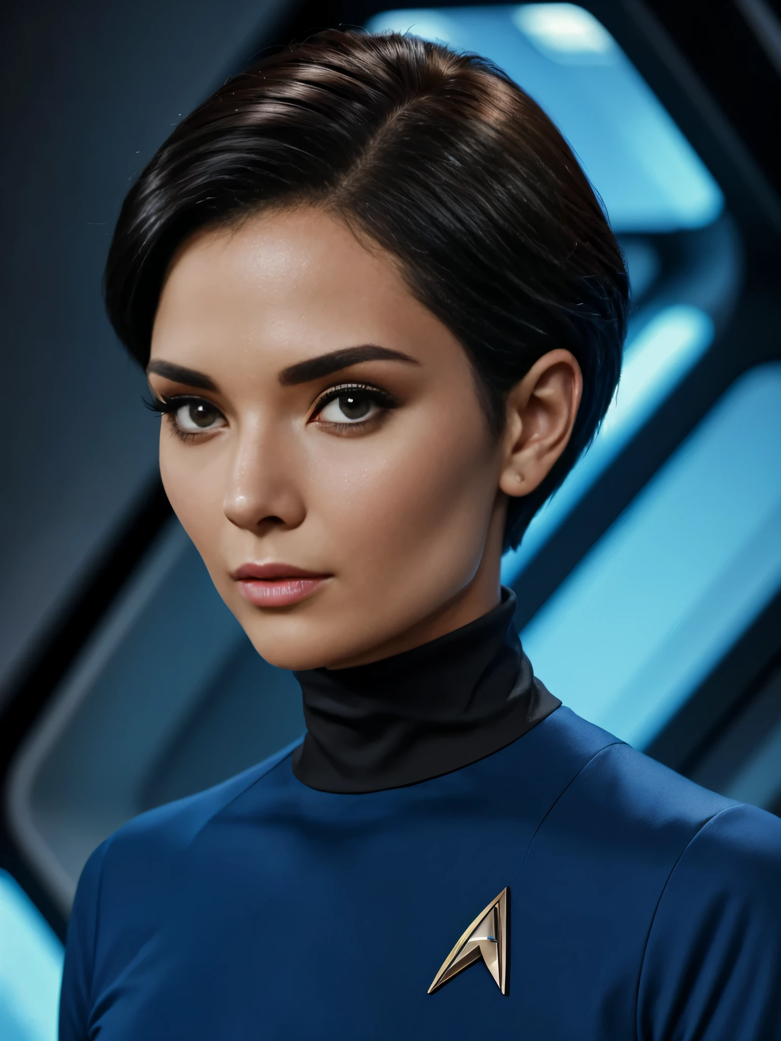 a close up of a person in a suit with a short haircut wearing a blue shirt and a black turtle neck t - shirt, jenya.d, star trek, a character portrait, dau-al-set, detailed, award winning, ultra realistic