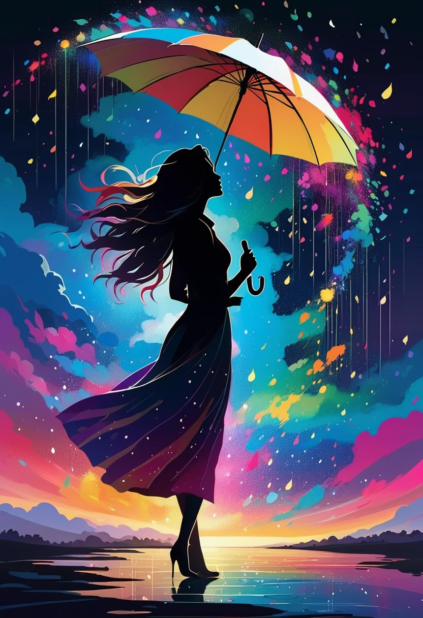 A silhouette of woman with long messy hair holding an umbrella, with colorful stardust raining down on her, 8K alcohol painting, dark sky and shadowed clouds, particles of light are dancing, painting, dynamic lighting, dynamic angle, masterpiece.