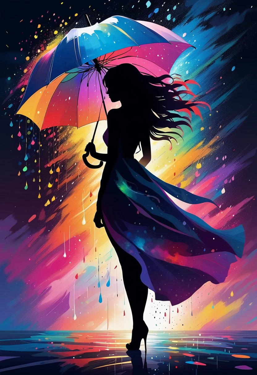 A silhouette of woman with long messy hair holding an umbrella, with colorful stardust raining down on her, 8K alcohol painting, dark sky and shadowed clouds, particles of light are dancing, painting, dynamic lighting, dynamic angle, masterpiece.