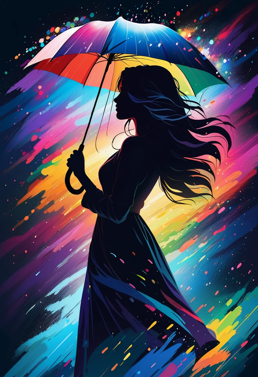 A silhouette of woman with long messy hair holding an umbrella, with colorful stardust raining down on her, 8K alcohol painting, dark sky and shadowed clouds, particles of light are dancing, painting, dynamic lighting, dynamic angle, masterpiece.