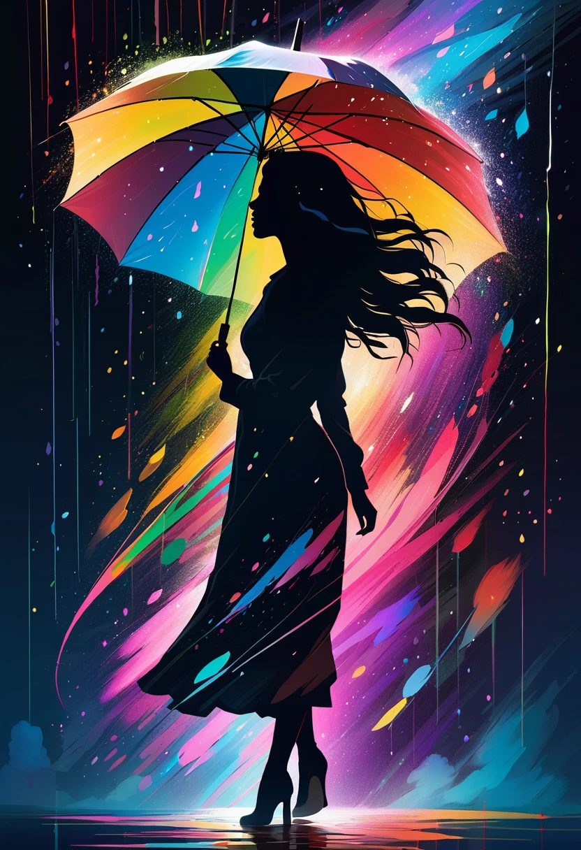 A silhouette of woman with long messy hair holding an umbrella, with colorful stardust raining down on her, 8K alcohol painting, dark sky and shadowed clouds, particles of light are dancing, painting, dynamic lighting, dynamic angle, masterpiece.