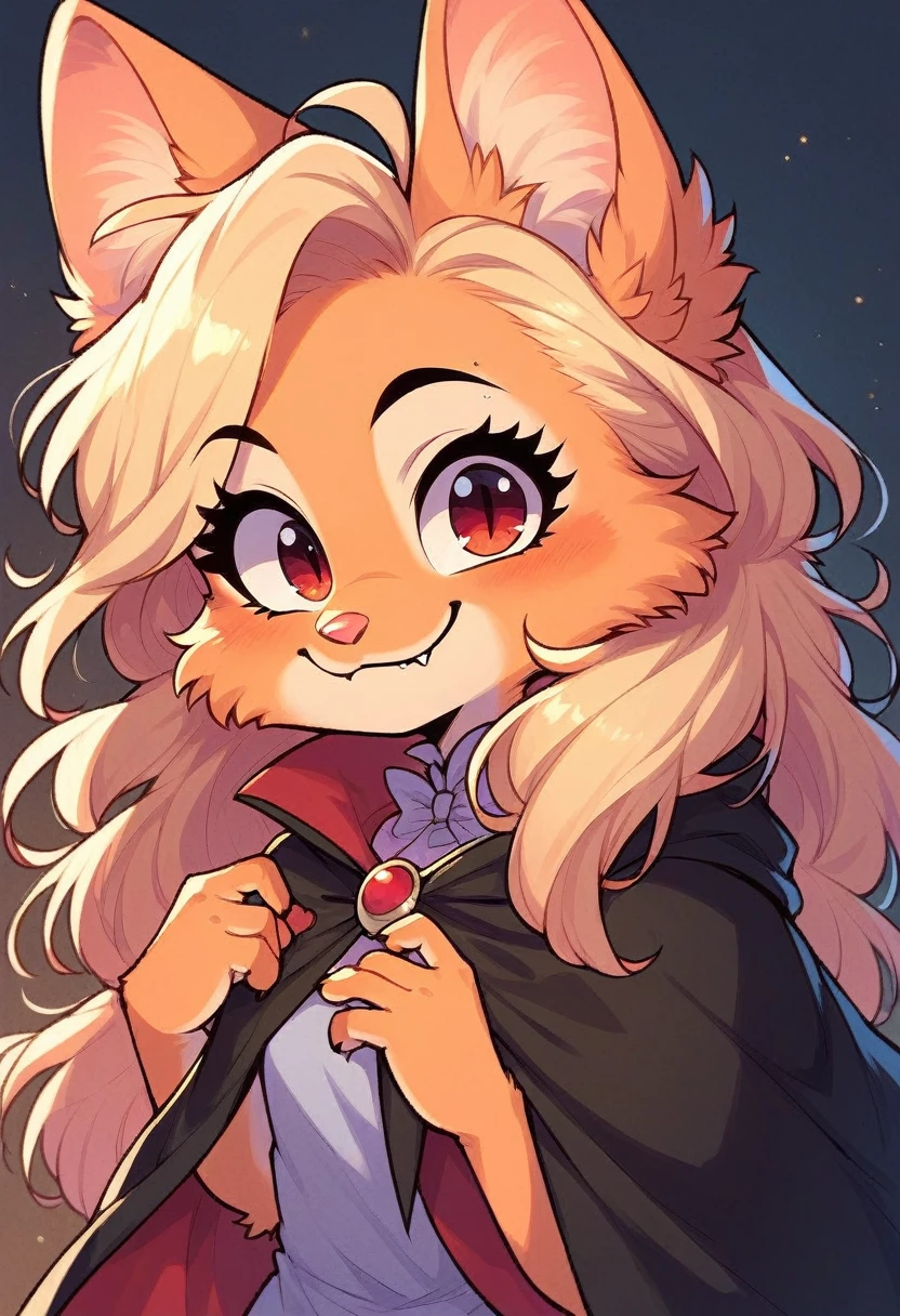 score_9, score_8_up, score_7_up, 1girl, alone, little fox, baby, furry, Diane Foxington, with hair, blonde hair, long hair, red Eyes, vampire costume, black cape, smirk, fangs, cute