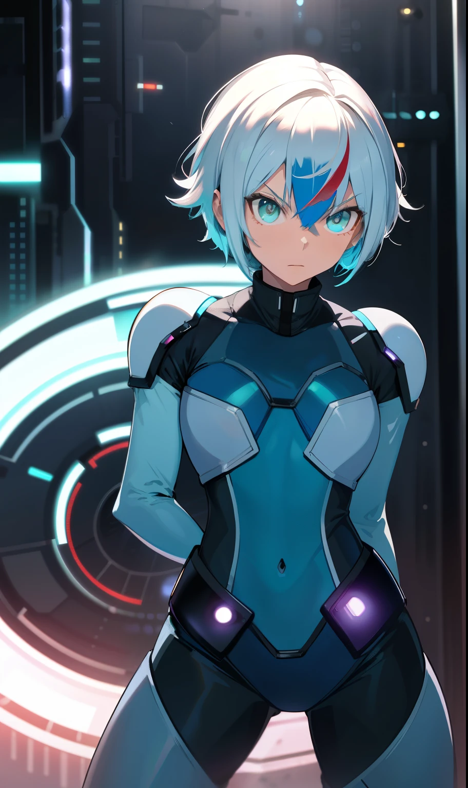 best qualityer，tmasterpiece，Ultimate resolution，downy，Extremely colorful，Colorful，Women combatants，a matural female，Short white hair，Tight combat suit，tightsuit，With a belt，Steel City background，the night，Normal posture