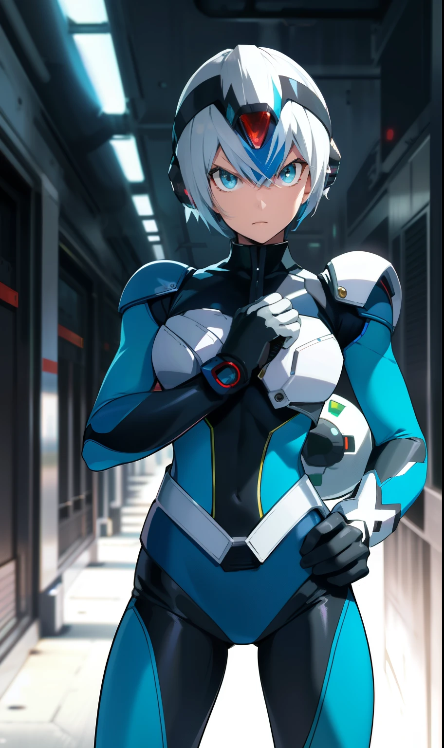 best qualityer，tmasterpiece，Ultimate resolution，downy，Extremely colorful，Colorful，Women combatants，a matural female，Short white hair，Tight combat suit，tightsuit，With a belt，Steel City background，the night，Normal posture