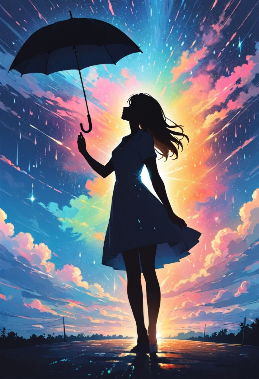 A silhouette of woman with long messy hair holding an umbrella, with colorful stardust raining down on her, 8K alcohol painting, dark sky and shadowed clouds, particles of light are dancing, painting, dynamic lighting, dynamic angle, masterpiece.