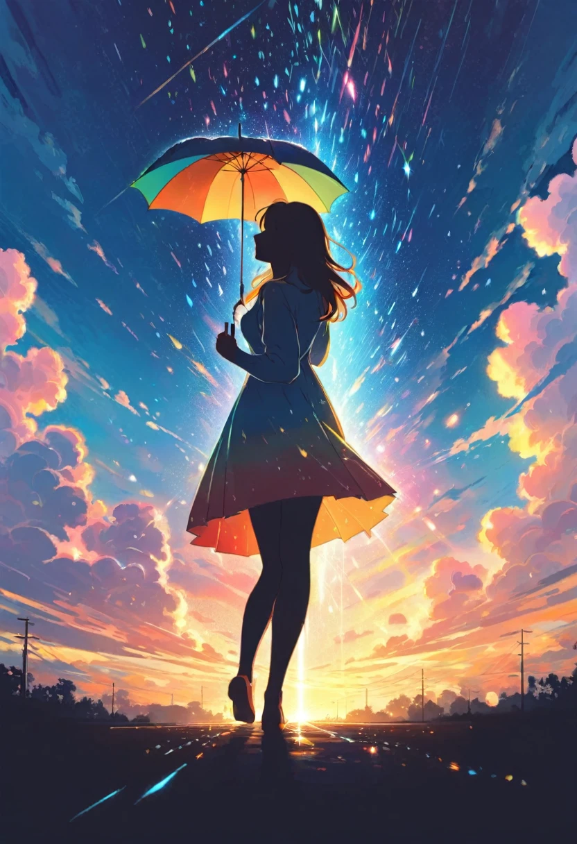 A silhouette of woman with long messy hair holding an umbrella, with colorful stardust raining down on her, 8K alcohol painting, dark sky and shadowed clouds, particles of light are dancing, painting, dynamic lighting, dynamic angle, masterpiece.