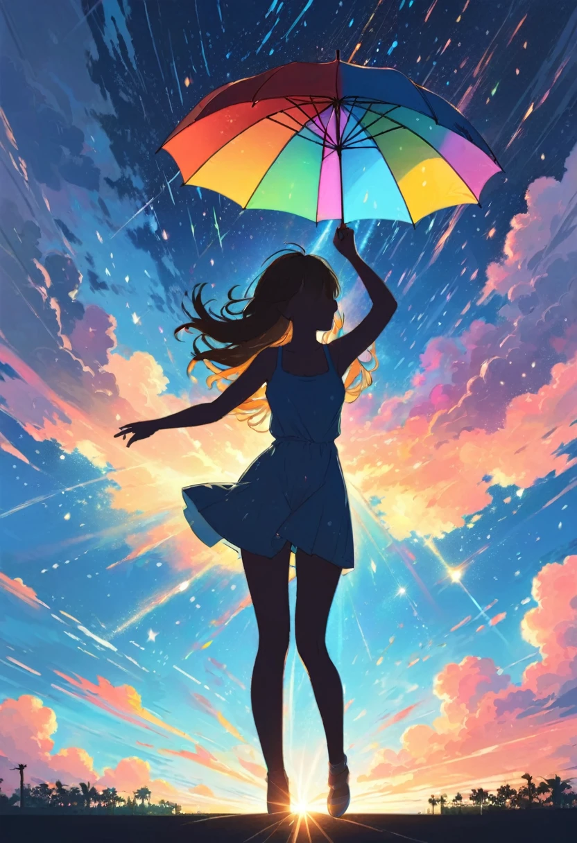 A silhouette of woman with long messy hair holding an umbrella, with colorful stardust raining down on her, 8K alcohol painting, dark sky and shadowed clouds, particles of light are dancing, painting, dynamic lighting, dynamic angle, masterpiece.