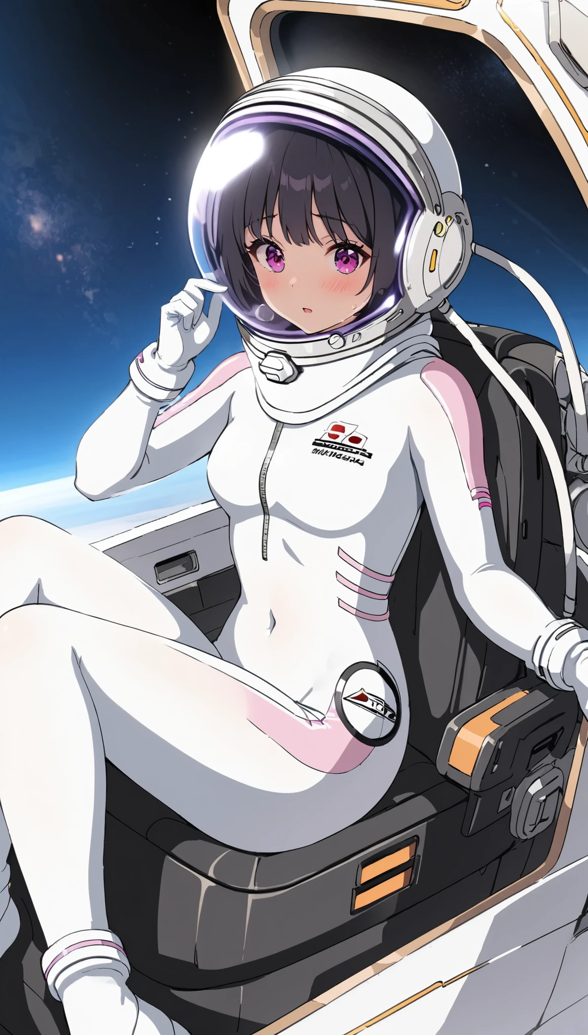 1人of女of子,Alone,short hair,(Space Suit:1.15), Black Hair Space Helmet ,whole body, indoor, masterpiece of the highest quality, trembling, difficulty breathing, bodysuit,Lumine , Bubble Helmets , short hair, backpack,gloves,blush,internal (cockpit) of (Futuristic spaceship:1.6), Sitting on narraw futuristic spacecraft cockpit seat, Covered navel, short hair