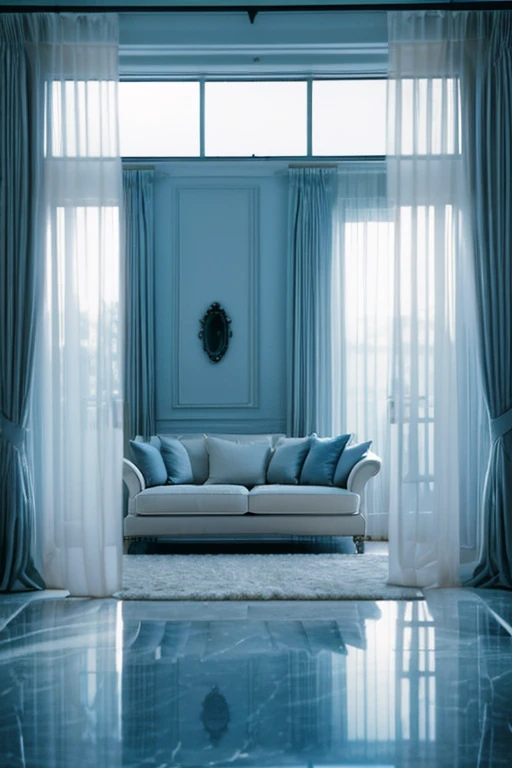 a white dreamy house, luxury living room, retro, foggy, soft focus, year of 1995, cool lighting, muted pastel colors, glowing atmosphere, dramatic shadows, cinematic composition, dream-like quality, ethereal, romantic, soft focus photography, dark blue hour, midnight, windy, marble, silver and mirrors, hazy