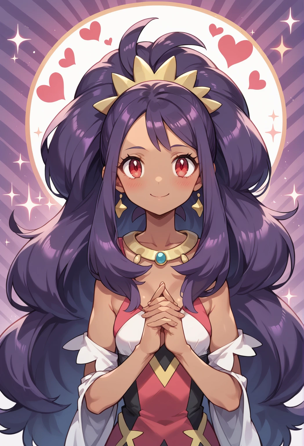 Best Quality, Masterpiece, ultra high resolution, iris \(pokemon\), purple hair, long hair, red eyes, dark skin, big hair,small breasts,  BREAK 1girl, blush, sparkle background, own hands together, own hands clasped, heart background, looking at viewer,  smile, upper body,