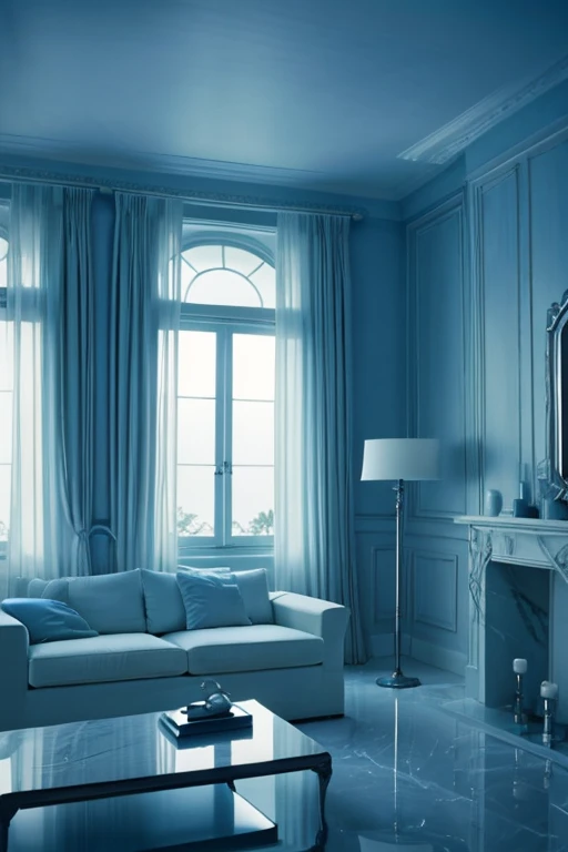 a white dreamy house, luxury living room, retro, foggy, soft focus, year of 1995, cool lighting, muted pastel colors, glowing atmosphere, dramatic shadows, cinematic composition, dream-like quality, ethereal, romantic, soft focus photography, dark blue hour, midnight, windy, marble, silver and mirrors, hazy