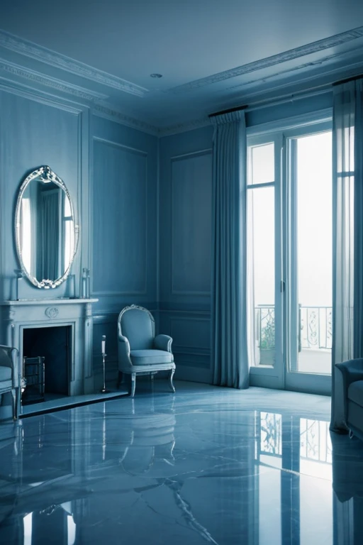 a white dreamy house, luxury living room, retro, foggy, soft focus, year of 1995, cool lighting, muted pastel colors, glowing atmosphere, dramatic shadows, cinematic composition, dream-like quality, ethereal, romantic, soft focus photography, dark blue hour, midnight, windy, marble, silver and mirrors, hazy