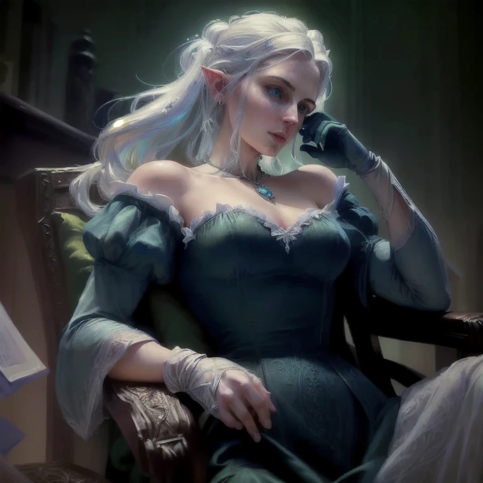 ((Best quality)), ((masterpiece)), (intricate), High elf, woman with blue eyes, white hair, thirty-five years old, dressed in an expensive green evening dress, gloves, aristocrat, necklace around her neck, adult facial expression, focused, graceful, aristocrat, fantasy, D&D, artstation, Jun Kim