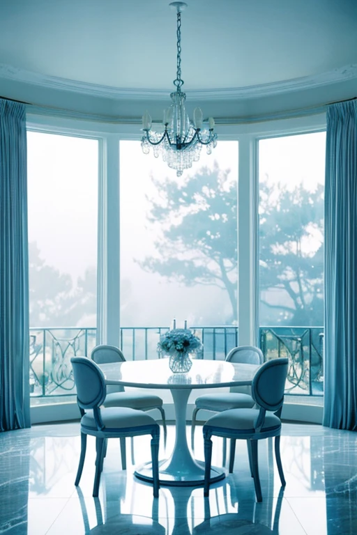 a white dreamy house, luxury dining room, retro, foggy, soft focus, year of 1995, cool lighting, muted pastel colors, glowing atmosphere, dramatic shadows, cinematic composition, dream-like quality, ethereal, romantic, soft focus photography, dark blue hour, midnight, windy, marble, silver and mirrors, hazy