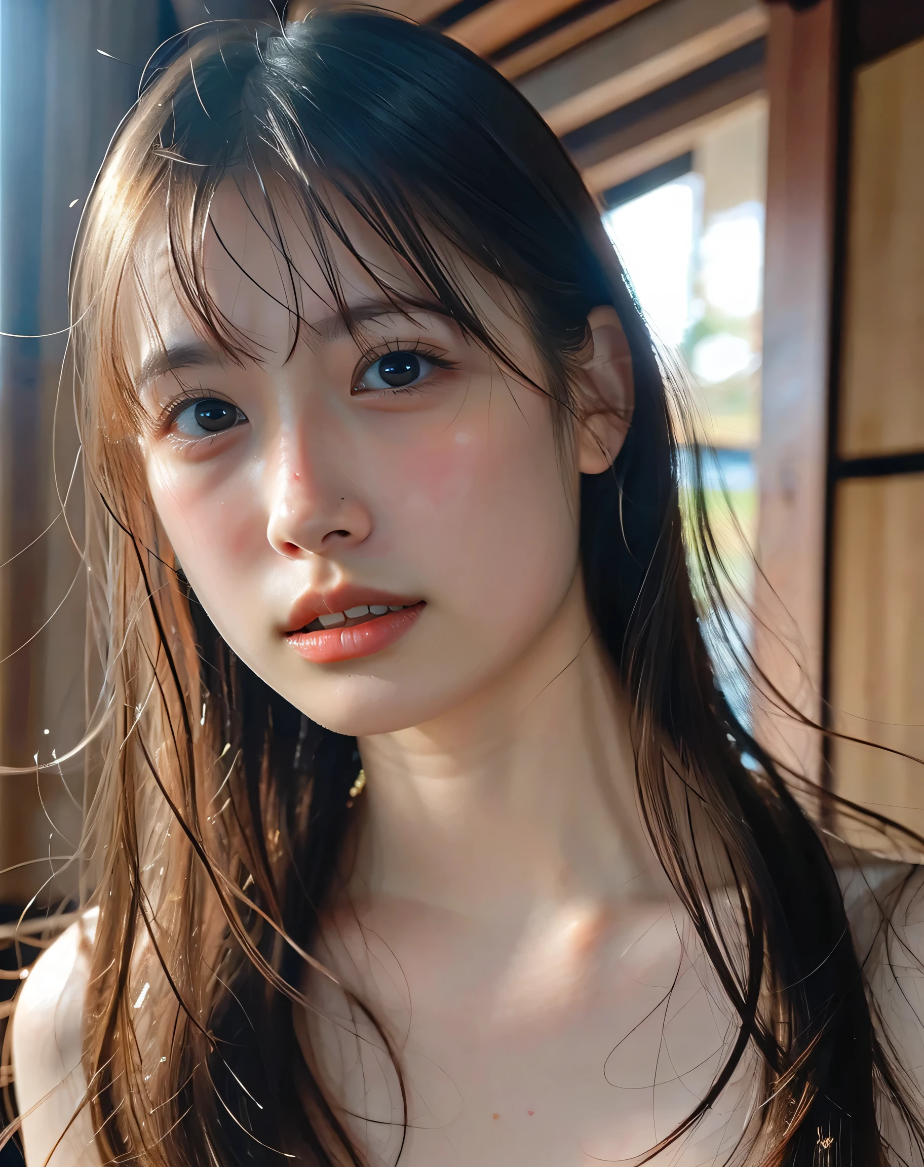 Best Quality,  Face Focus , Soft light,  ultra high resolution, ( photorealistic:1.4),  RAW Photos, { 1 Japanese girl:, Alone},{{{From the shoulders portrait:1.6}}、{{ Face Focus }}, {naked},{ nude},{ nakedの ,cute, (pupil, pupilに光),{{ Double eyelids on both eyes }},{{ longまつげ}}},{{ details}}, (Small breasts),( high resolution details of human skin textures), {{(long　Straight hair:1.6)}}