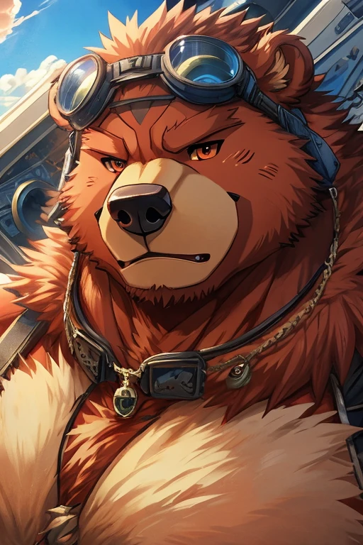 (Being overweight)Pilot a small flying boat、null、Crimson Battleship Savoia、 pilots、 pilotsの帽子、goggles、Bear Beast Man、flight,  furry art ,  high quality fanart,Furry Anime, very very beautiful  furry art ,  furry art !!!（photo of）