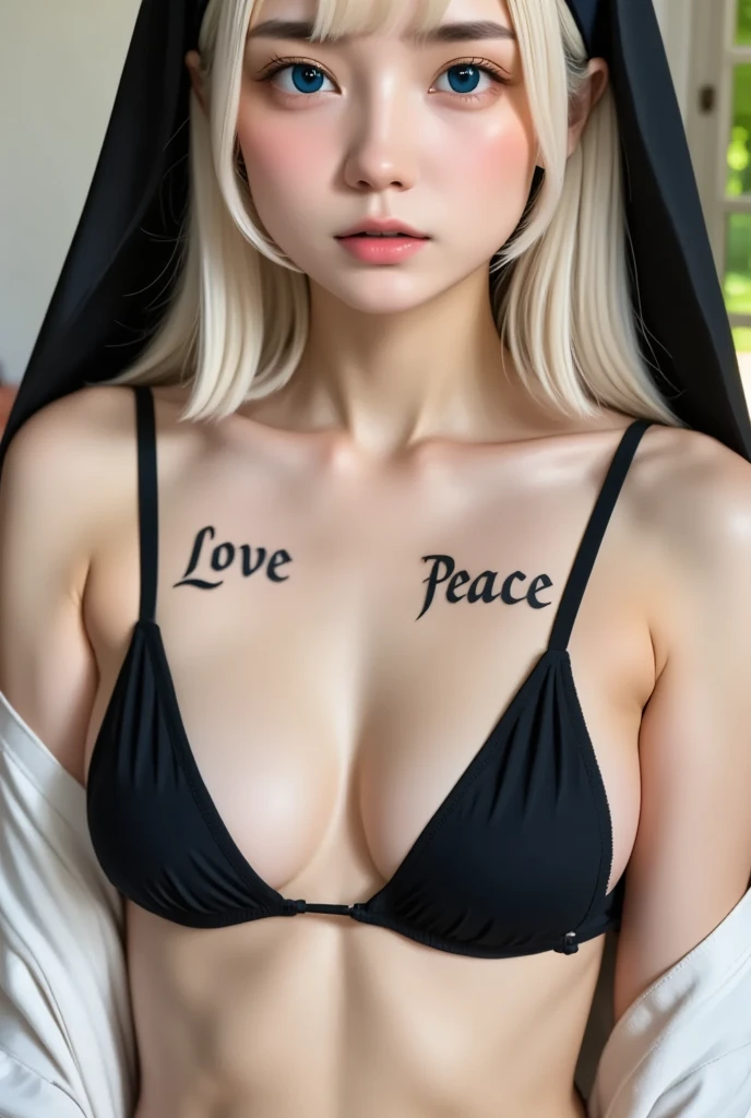 Nun with a mean face、Open clothing、erotism、love&peace tattoo 、love&peace、 very cute、Young woman、