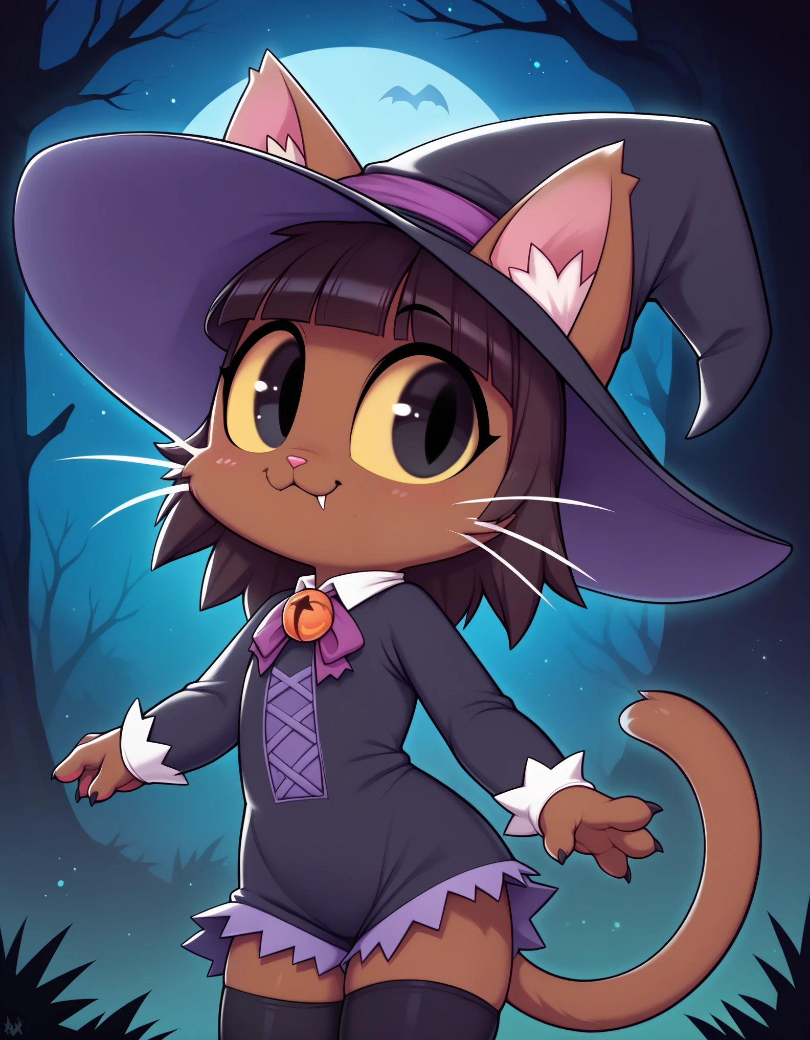 score_9, score_8_up, score_7_up, rating_ safe, solo, high detail, 4k, high resolution, Detailed background, spooky forest, night,  (Ivy pepper, blunt bangs, black eyes, yellow sclera, furry, dark skin, dark fur, anthro cat, whiskers, cute), (witch hat, witch outfit, stockings) 