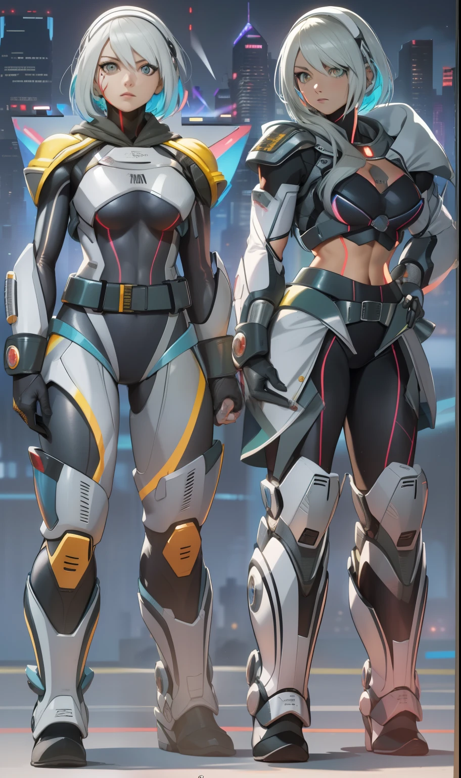 best qualityer,tmasterpiece,Ultimate resolution,downy,Extremely colorful,Colorful,Women combatants,a matural female,Short white hair,Tight combat suit,tightsuit,With a belt,Steel City background,the night,Normal posture