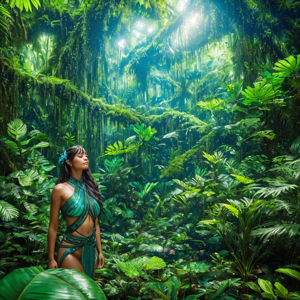 A lush jungle filled with neon-like glowing plants and vibrant vegetation, creating a magical and immersive atmosphere, reminiscent of the Pandora forest from the movie Avatar. The scene is surrounded by twisted trees, thick trunks, and dense foliage along the edges, enhancing the sense of immersion in wild nature. At the center of the image stands a woman, her head slightly tilted upward and her eyes closed, with a serene expression, as if she is in deep harmony and connection with the environment. Her long hair flows gracefully down to her waist, shimmering subtly as it reflects the magical lights around her. Glowing blue runes adorn her body, tracing organic patterns across her skin, further amplifying her symbiotic bond with the nature surrounding her. The woman now gently blends into the background. The glowing plants and lush nature take center stage, with some foliage partially veiling her to enhance the immersive jungle vibe.