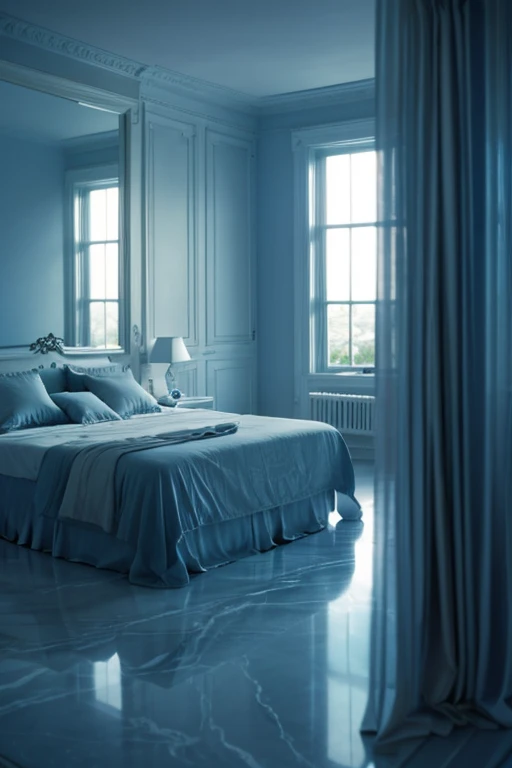 a white dreamy house, luxury bedroom, retro, foggy, soft focus, year of 1995, cool lighting, muted pastel colors, glowing atmosphere, dramatic shadows, cinematic composition, dream-like quality, ethereal, romantic, soft focus photography, dark blue hour, midnight, windy, marble, silver and mirrors, hazy