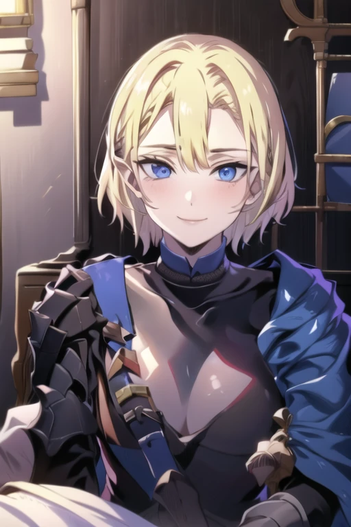 masterpiece, best quality, post timeskip, 1girl, solo, female focus, looking at viewer, modest clothes, , genderswap, dimitri_blaiddyd, blonde hair, blue eyes, kind smile,