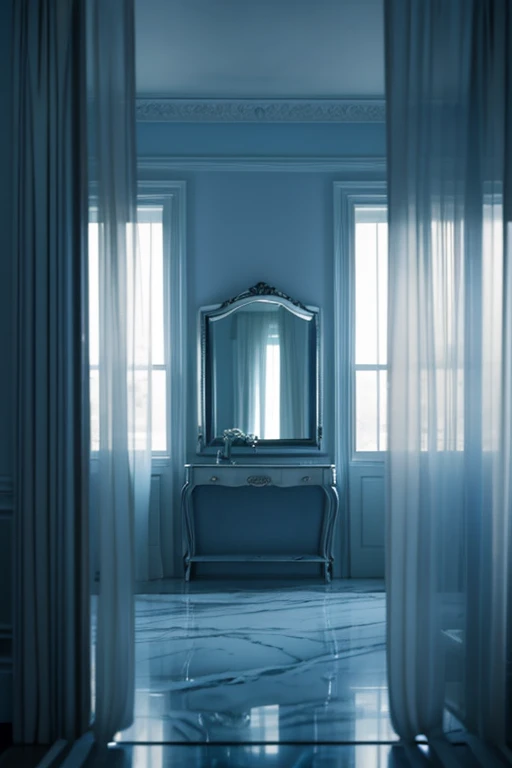 a white dreamy house, luxury bedroom, retro, foggy, soft focus, year of 1995, cool lighting, muted pastel colors, glowing atmosphere, dramatic shadows, cinematic composition, dream-like quality, ethereal, romantic, soft focus photography, dark blue hour, midnight, windy, marble, silver and mirrors, hazy