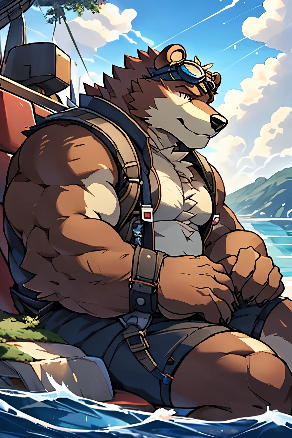 (Being overweight)Pilot a small flying boat、（Crimson Battleship Savoia）、null、  pilots、sit、 side angle、 pilotsの帽子、 wearing clothes 、goggles、Bear Beast Man、flight,  furry art ,  high quality fanart, very very beautiful  furry art ,（photo of）